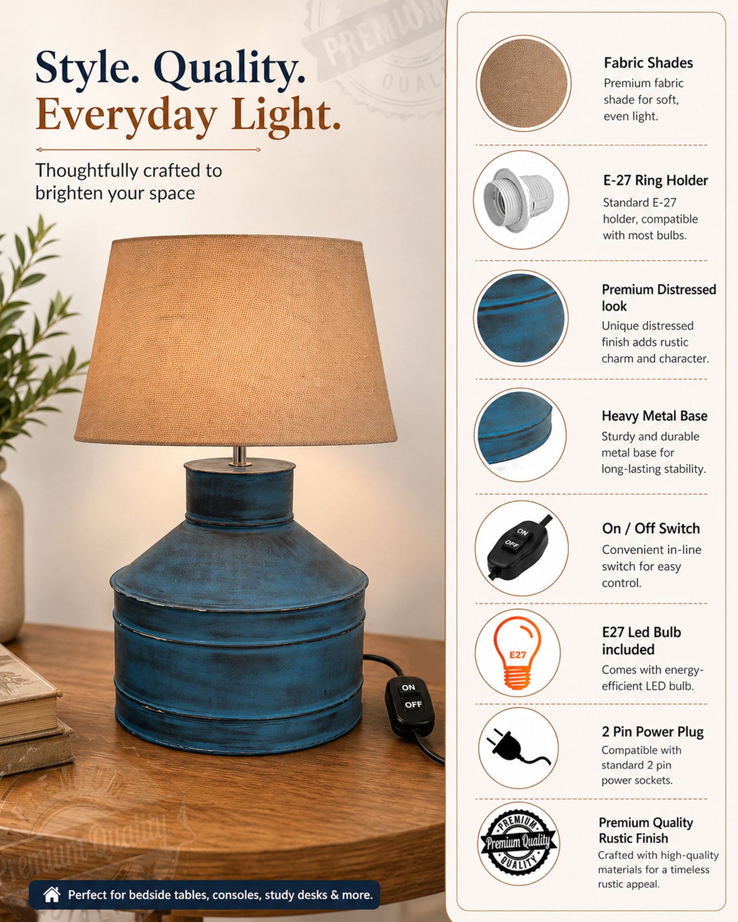 Rustic Milk Gagar Table Lamp with drum shade, Rustic Algae