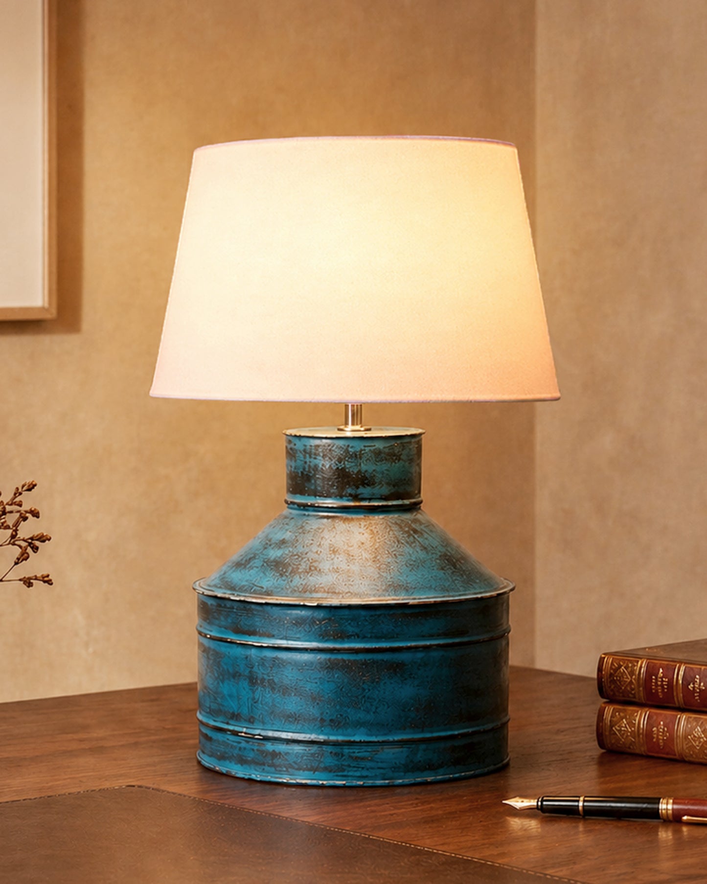 Rustic Milk Gagar Table Lamp with drum shade, Rustic Algae