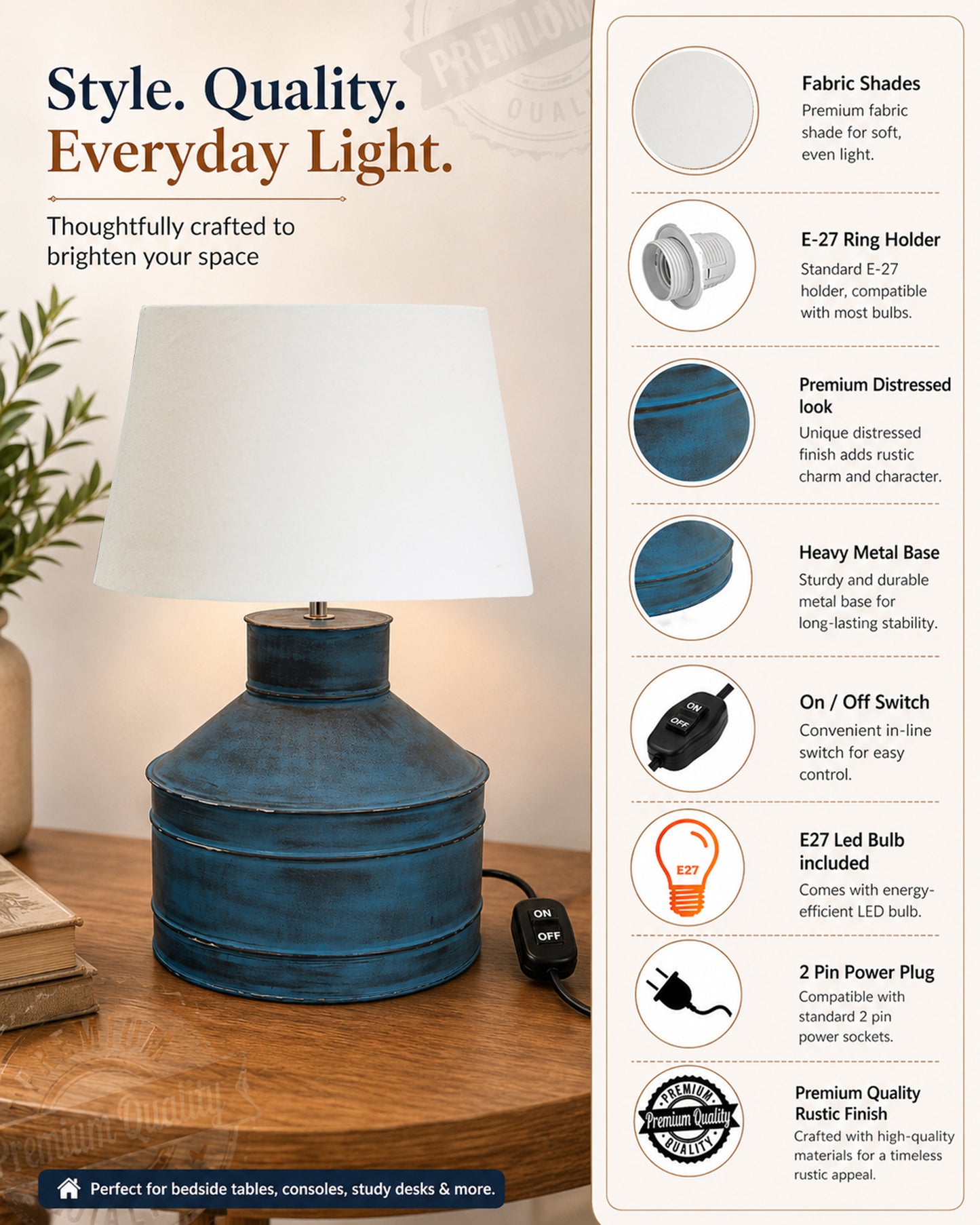 Rustic Milk Gagar Table Lamp with drum shade, Rustic Algae
