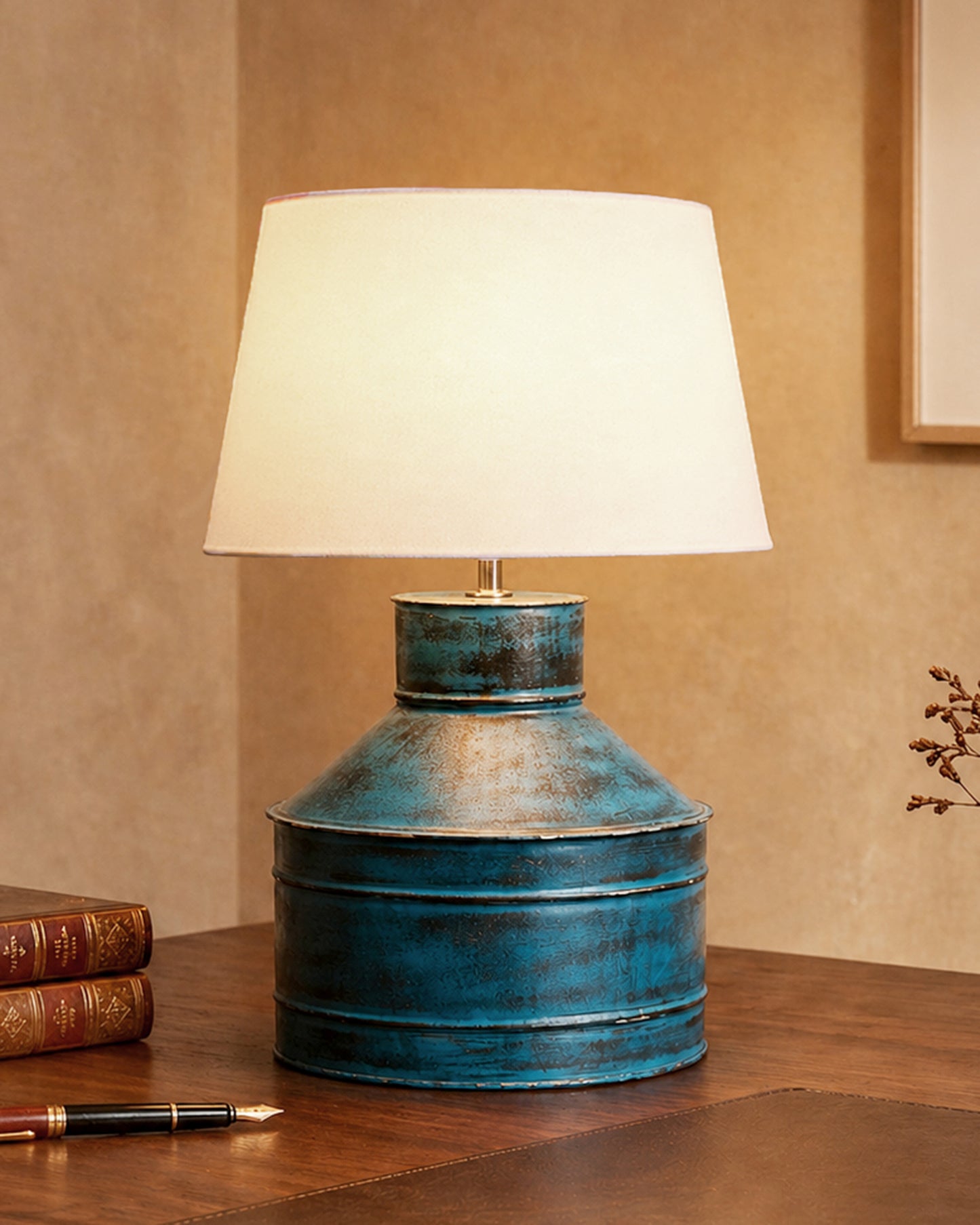Rustic Milk Gagar Table Lamp with drum shade, Rustic Algae
