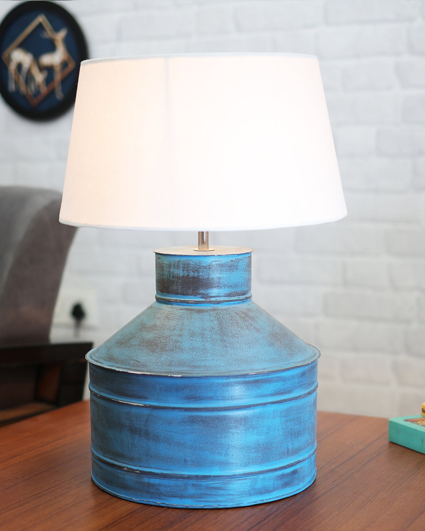 Rustic Milk Gagar Table Lamp with drum shade, Rustic Algae