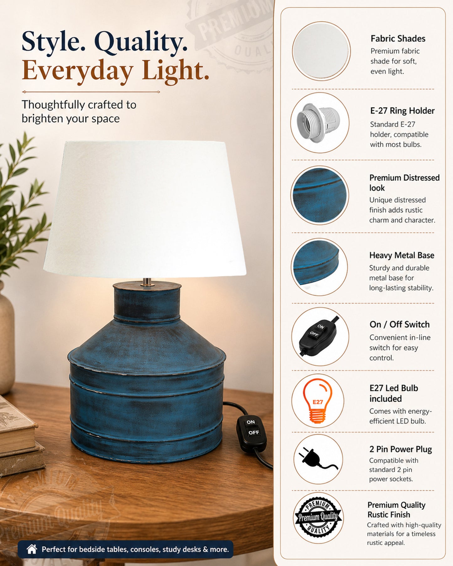 Rustic Milk Gagar Table Lamp with drum shade, Rustic Algae