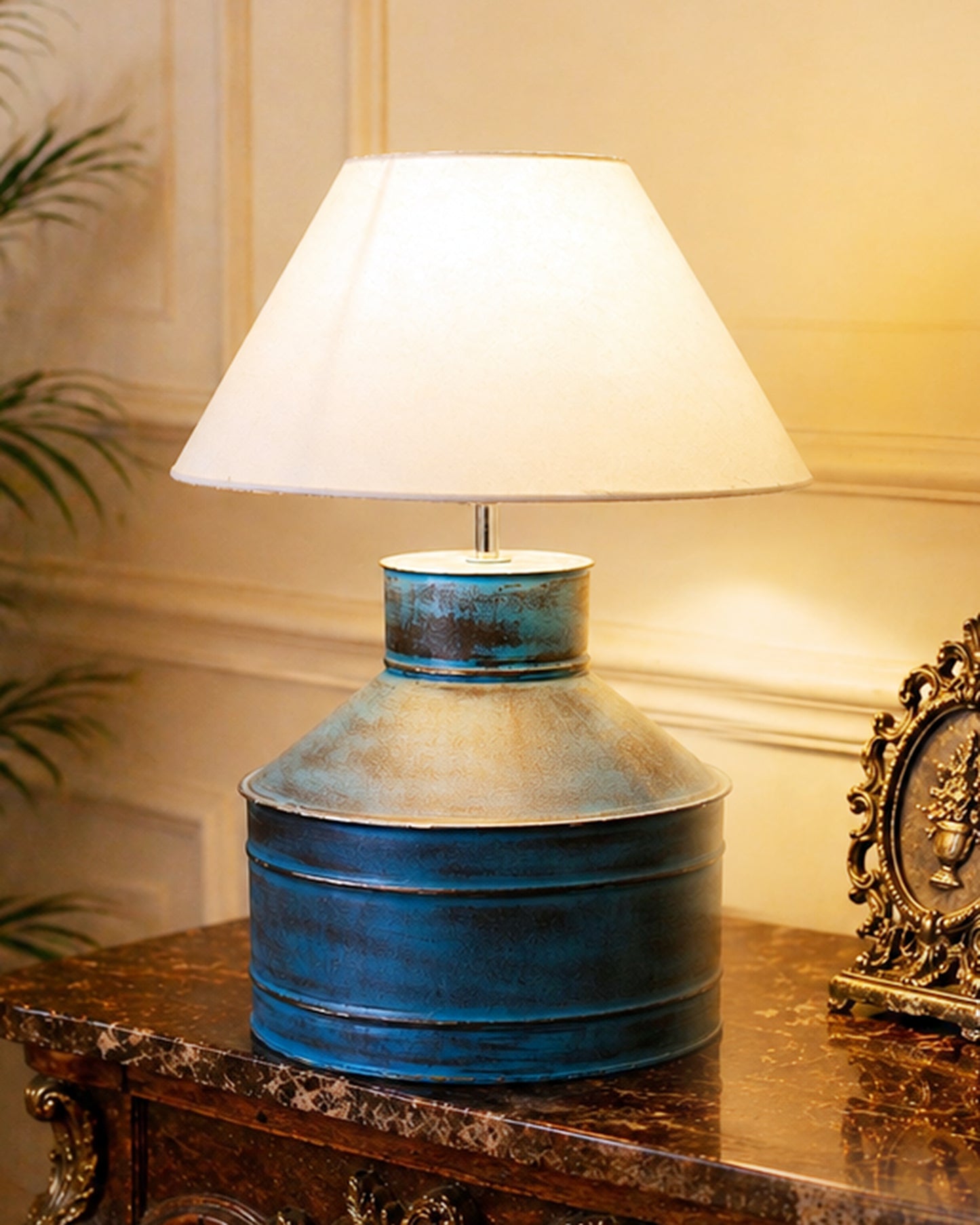 Rustic Milk Gagar Table Lamp with cone shade, Rustic Algae