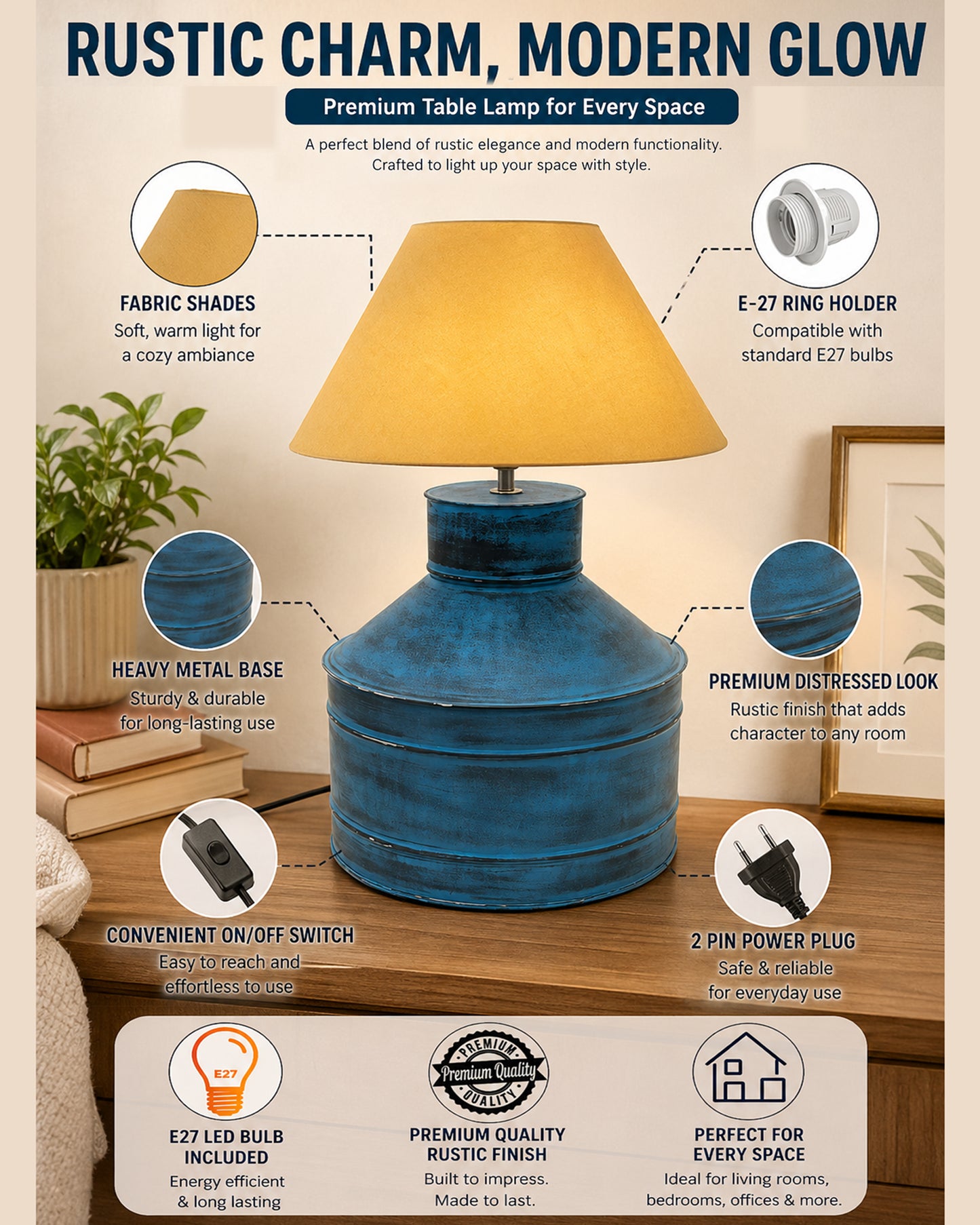 Rustic Milk Gagar Table Lamp with cone shade, Rustic Algae