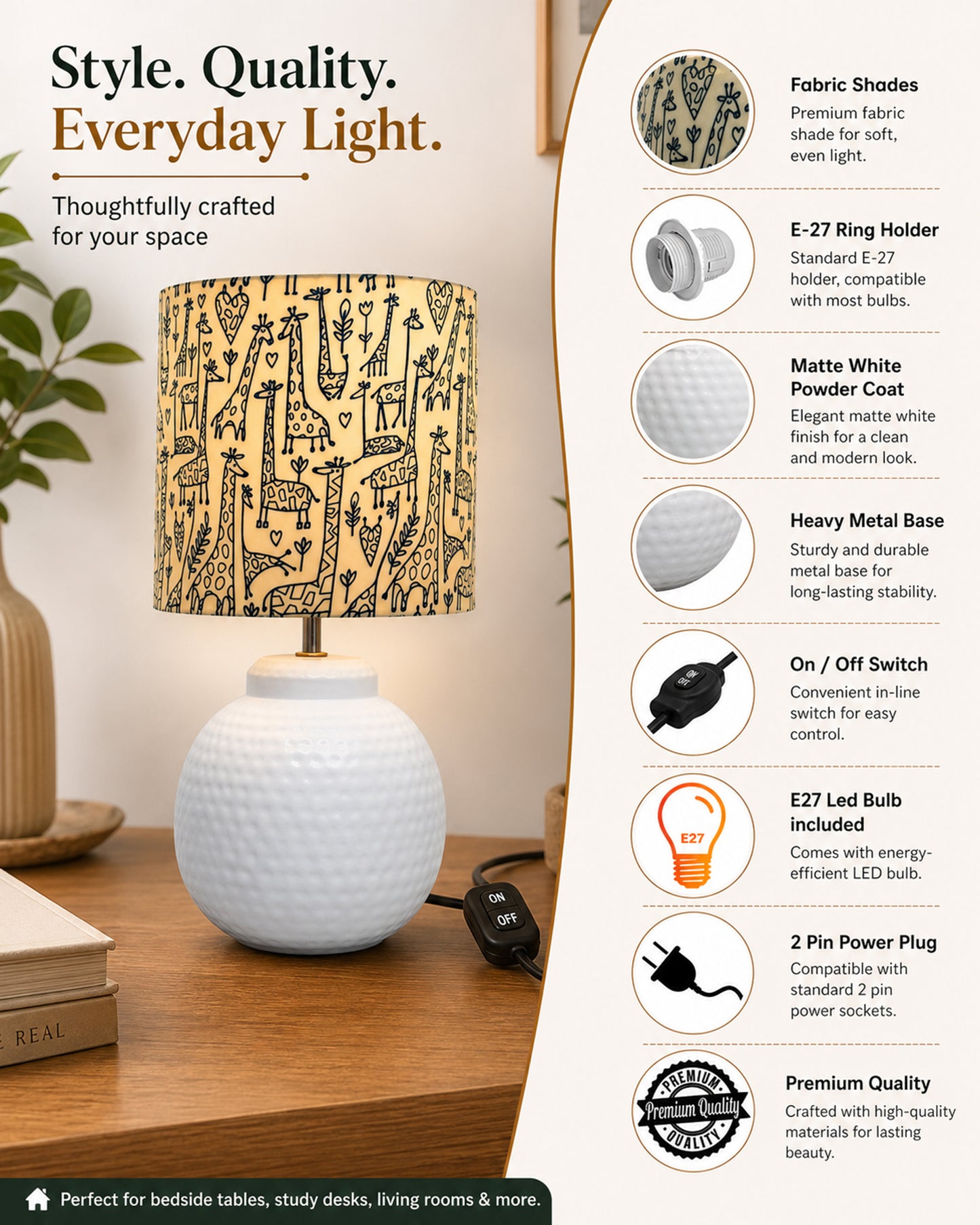 Ginger Jar Antique Table Lamp Hammered Matt White Metal for Living Room Family Bedroom