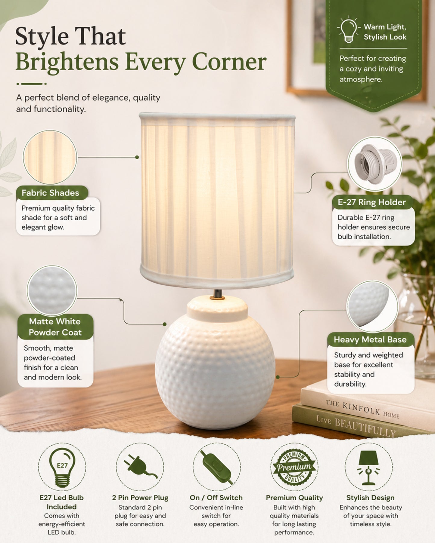 Ginger Jar Antique Table Lamp Hammered Matt White Metal for Living Room Family Bedroom