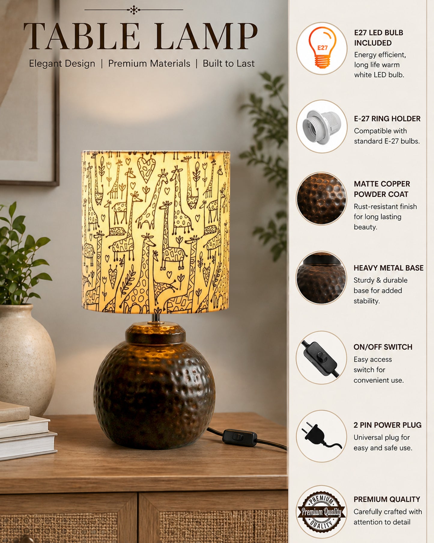 Ginger Jar Antique Table Lamp Hammered Antique Copper Metal for Living Room Family Bedroom
