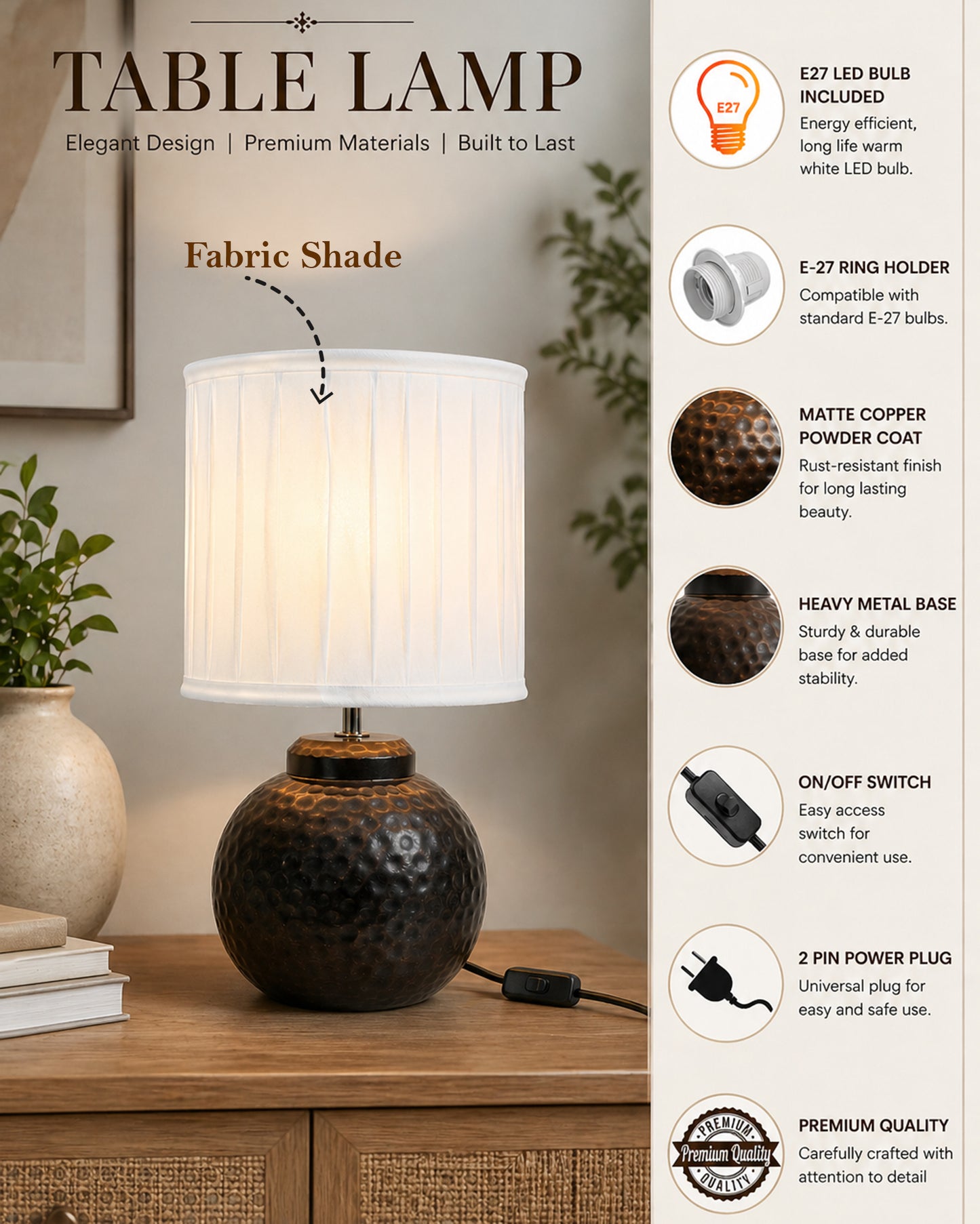 Ginger Jar Antique Table Lamp Hammered Antique Copper Metal for Living Room Family Bedroom