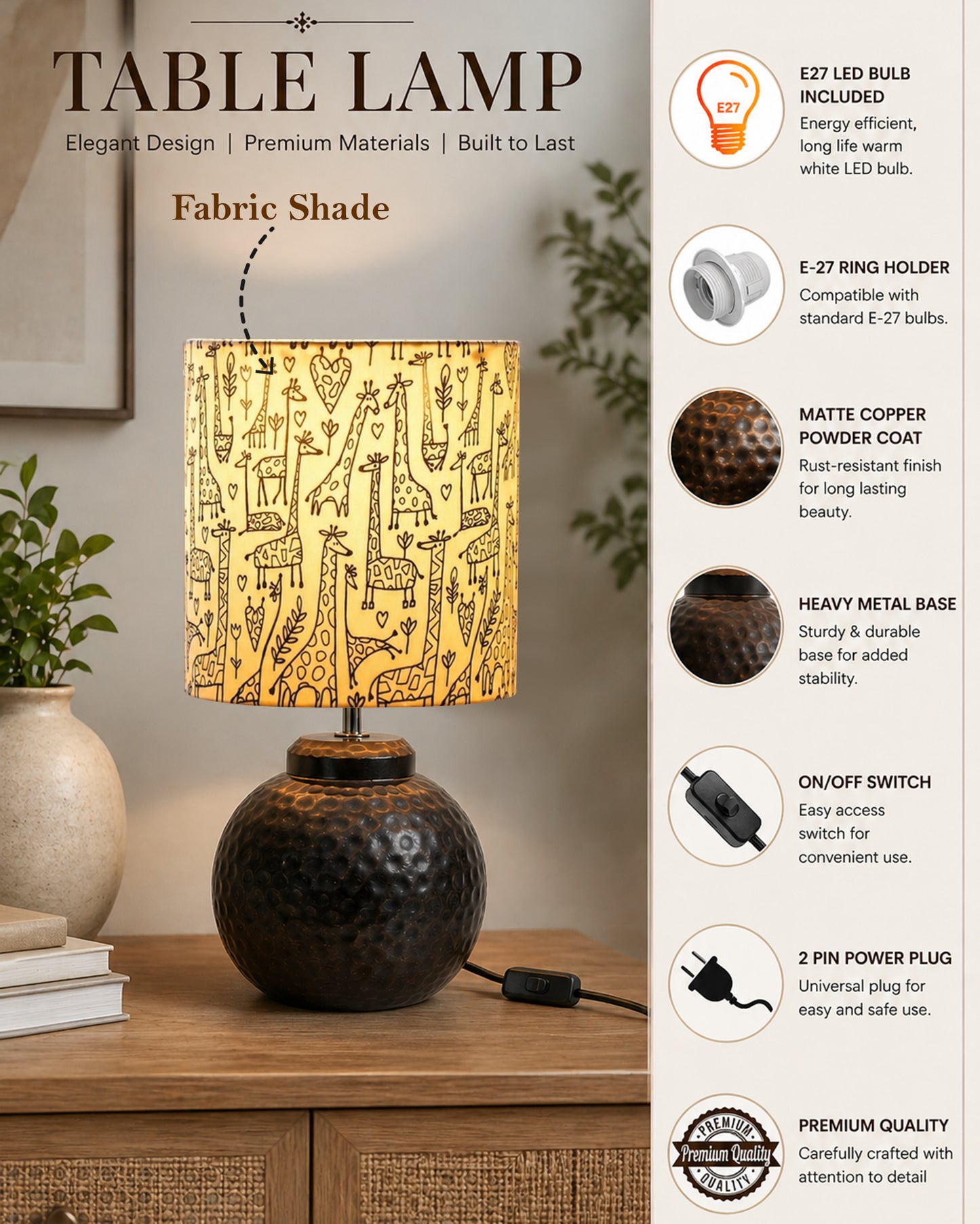Ginger Jar Antique Table Lamp Hammered Matt Black Metal for Living Room Family Bedroom