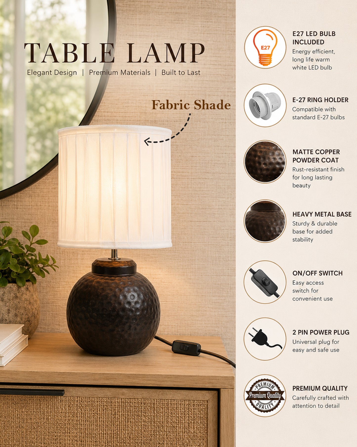 Ginger Jar Antique Table Lamp Hammered Matt Black Metal for Living Room Family Bedroom