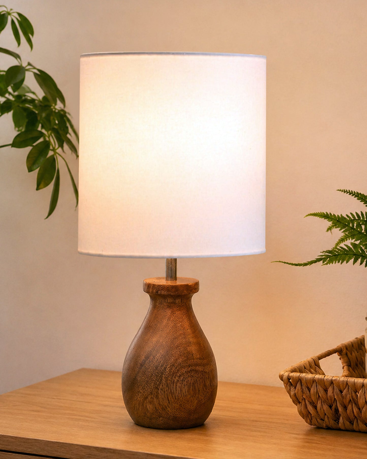 Dovel Pot Modern Table Lamp, Wooden Base Modern Fabric Lampshade for Home Office Cafe Restaurant, Dovel Pot