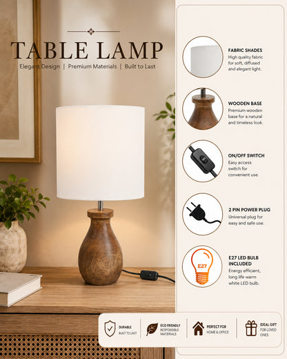 Dovel Pot Modern Table Lamp, Wooden Base Modern Fabric Lampshade for Home Office Cafe Restaurant, Dovel Pot
