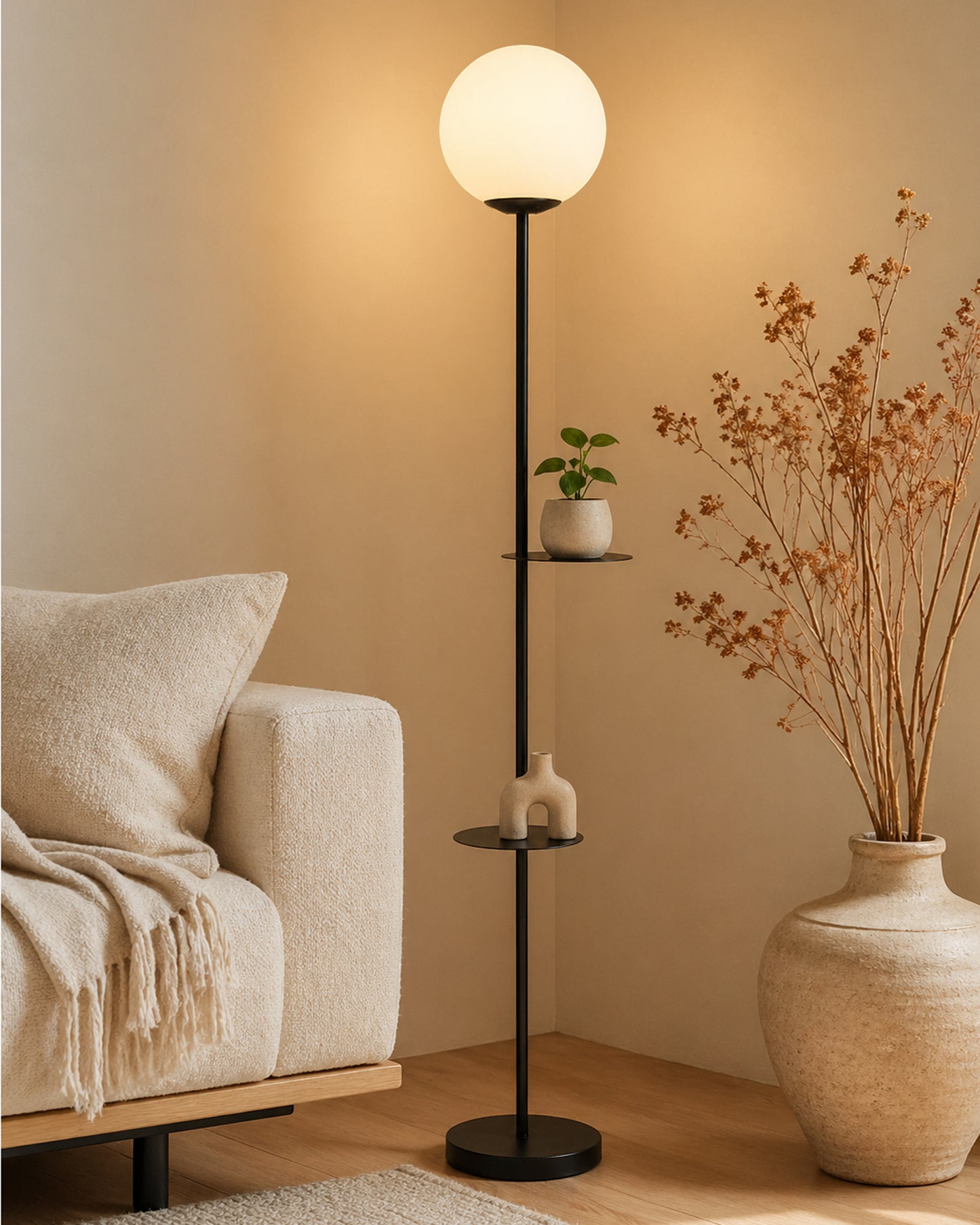 Homesake® Contemporary Duo Shelf Metal Floor Lamp for Living Room | Bedside Side Lamp for Living room Office Home Decor Standing Lamp | Black, White Globe (Black)
