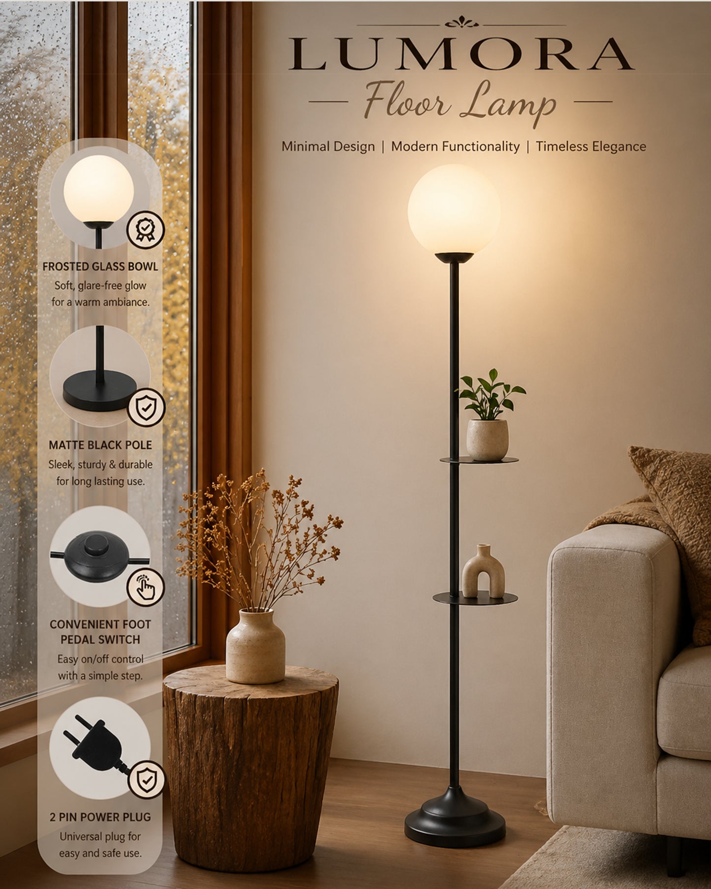 Homesake® Contemporary Duo Shelf Metal Floor Lamp for Living Room | Bedside Side Lamp for Living room Office Home Decor Standing Lamp | Black, White Globe (Black)