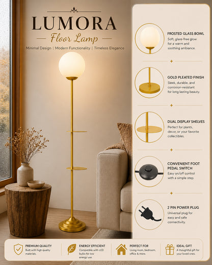 Homesake® Contemporary Duo Shelf Metal Floor Lamp for Living Room | Bedside Side Lamp for Living room Office Home Decor Standing Lamp | Black, White Globe (Black)