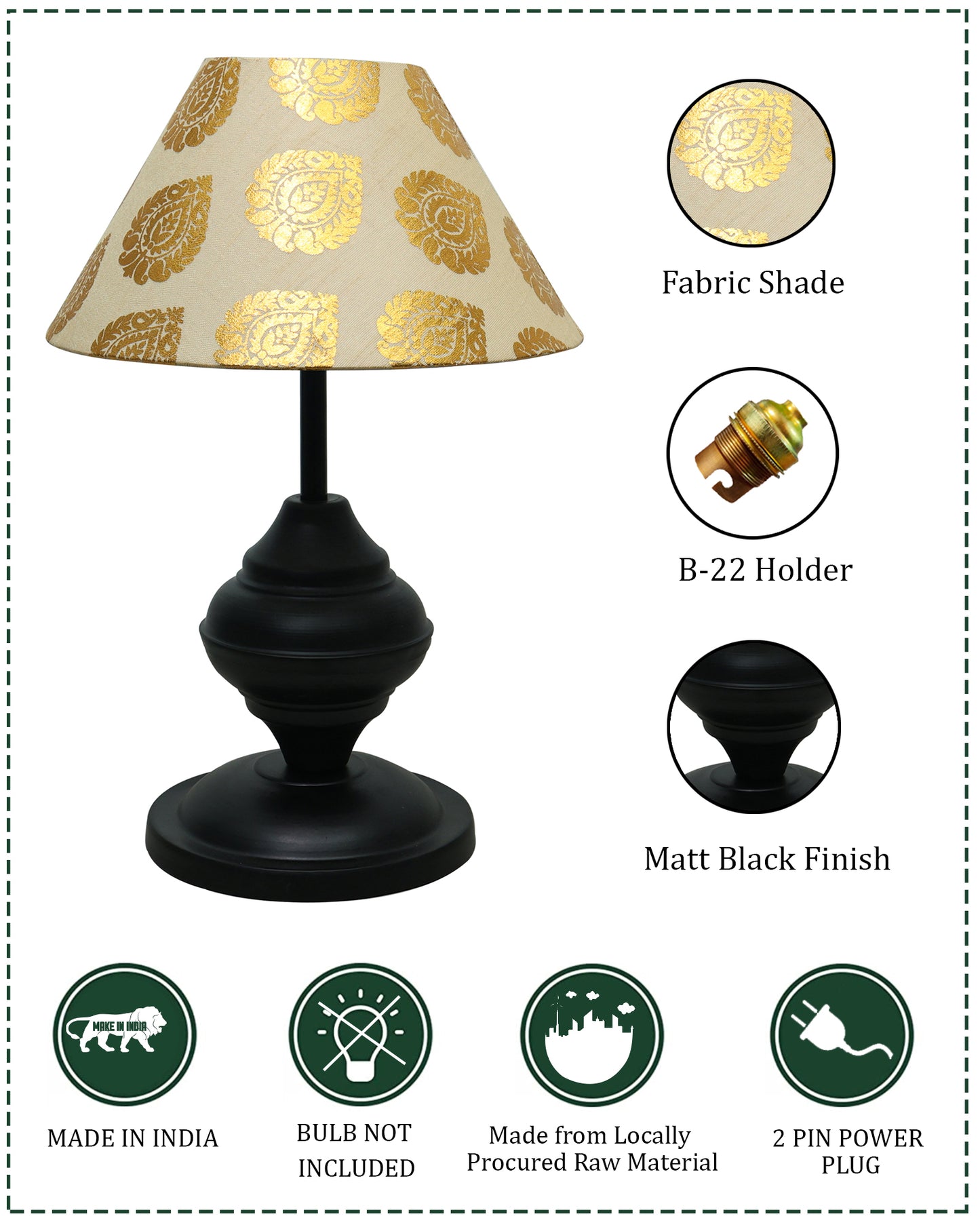 Black Metal Urn Table Lamp with Fabric Shade, B22 holder Nightstand Lamp