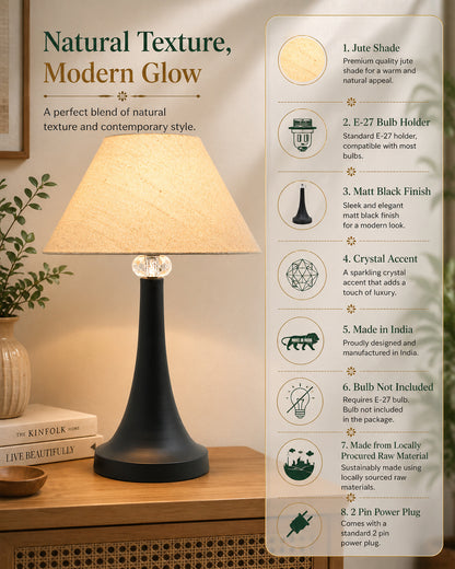 Black Metal Cone Table Lamp with Fabric Shade, B22 holder Nightstand Lamp