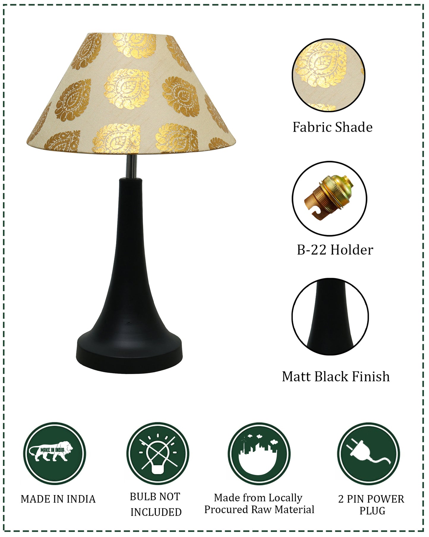 Black Metal Cone Table Lamp with Fabric Shade, B22 holder Nightstand Lamp