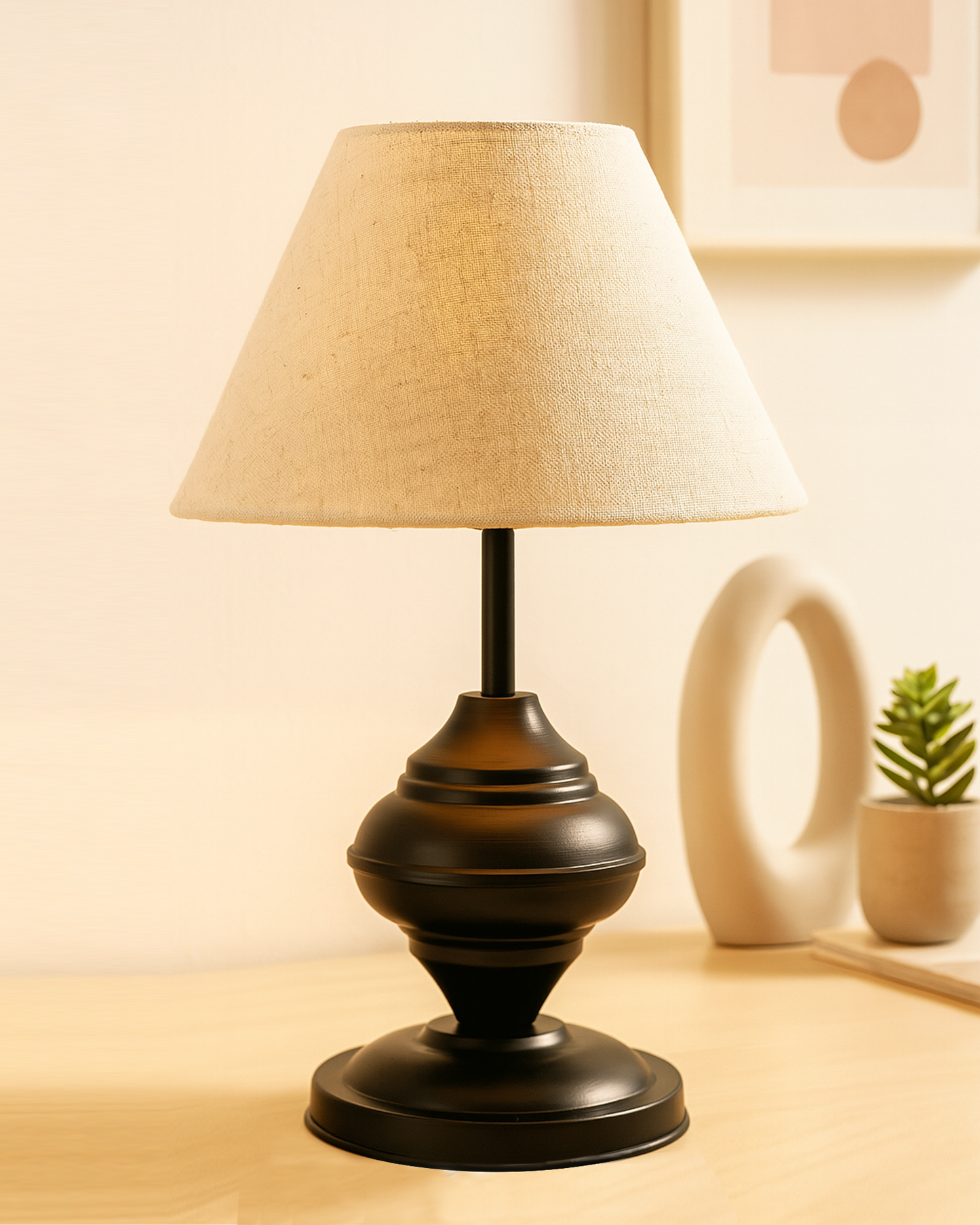 Black Metal Urn Table Lamp with Fabric Shade, B22 holder Nightstand Lamp