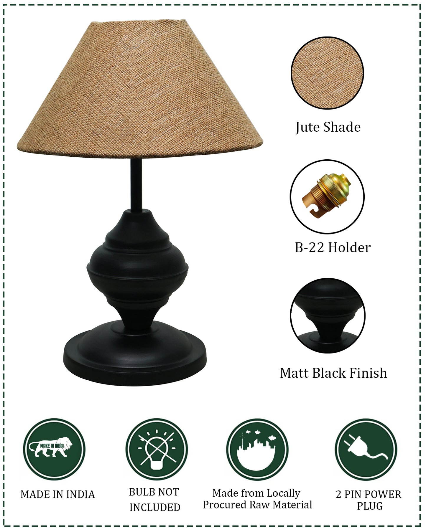 Black Metal Urn Table Lamp with Fabric Shade, B22 holder Nightstand Lamp