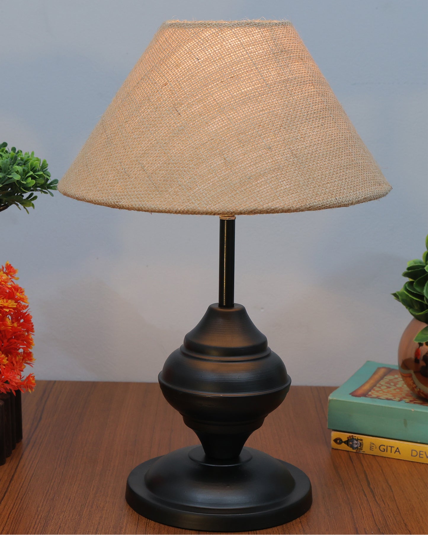 Black Metal Urn Table Lamp with Fabric Shade, B22 holder Nightstand Lamp