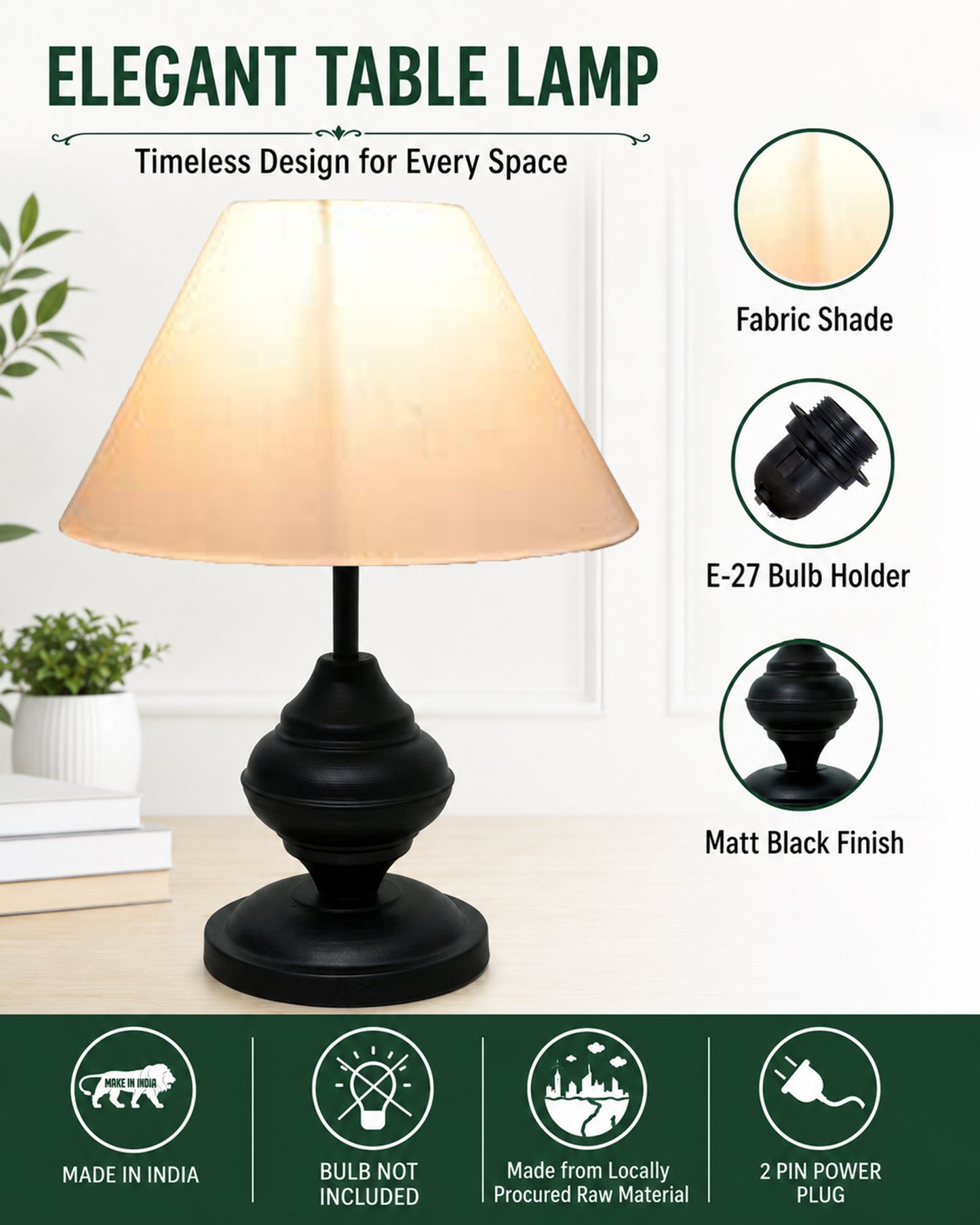 Black Metal Table Lamp | for Living Room | Modern Bedside Light with Pleated Shade | Decorative Night Lamp for Bedroom, Study, Office | Home Decor Lighting, E27 holder, Urn