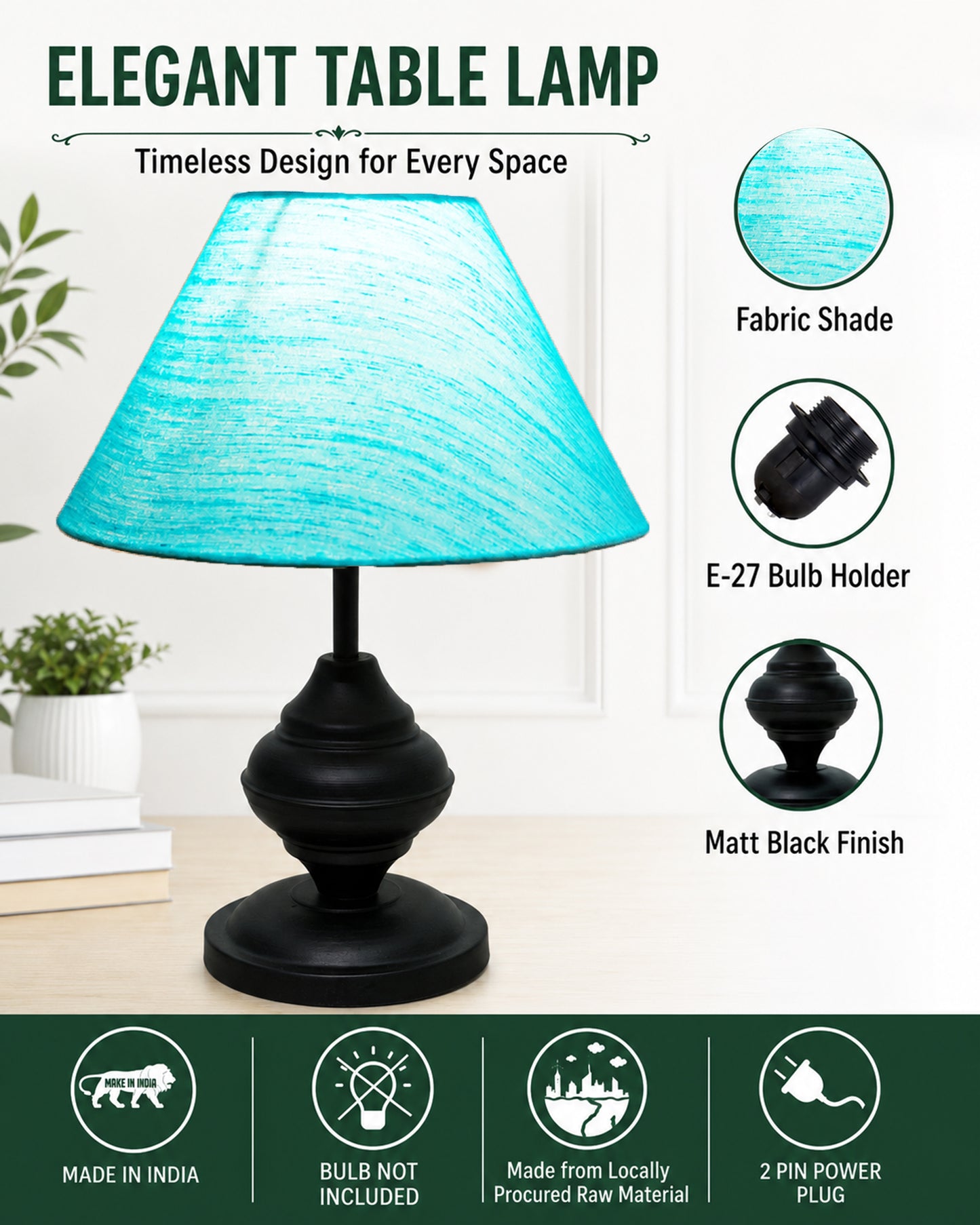 Black Metal Table Lamp | for Living Room | Modern Bedside Light with Pleated Shade | Decorative Night Lamp for Bedroom, Study, Office | Home Decor Lighting, E27 holder, Urn