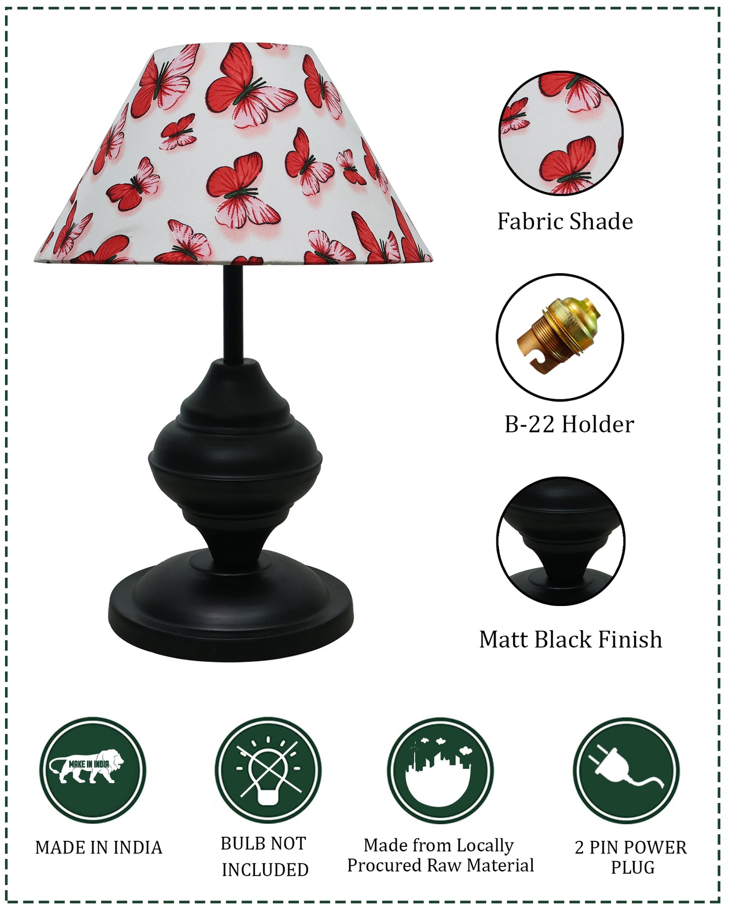 Black Metal Urn Table Lamp with Fabric Shade, B22 holder Nightstand Lamp