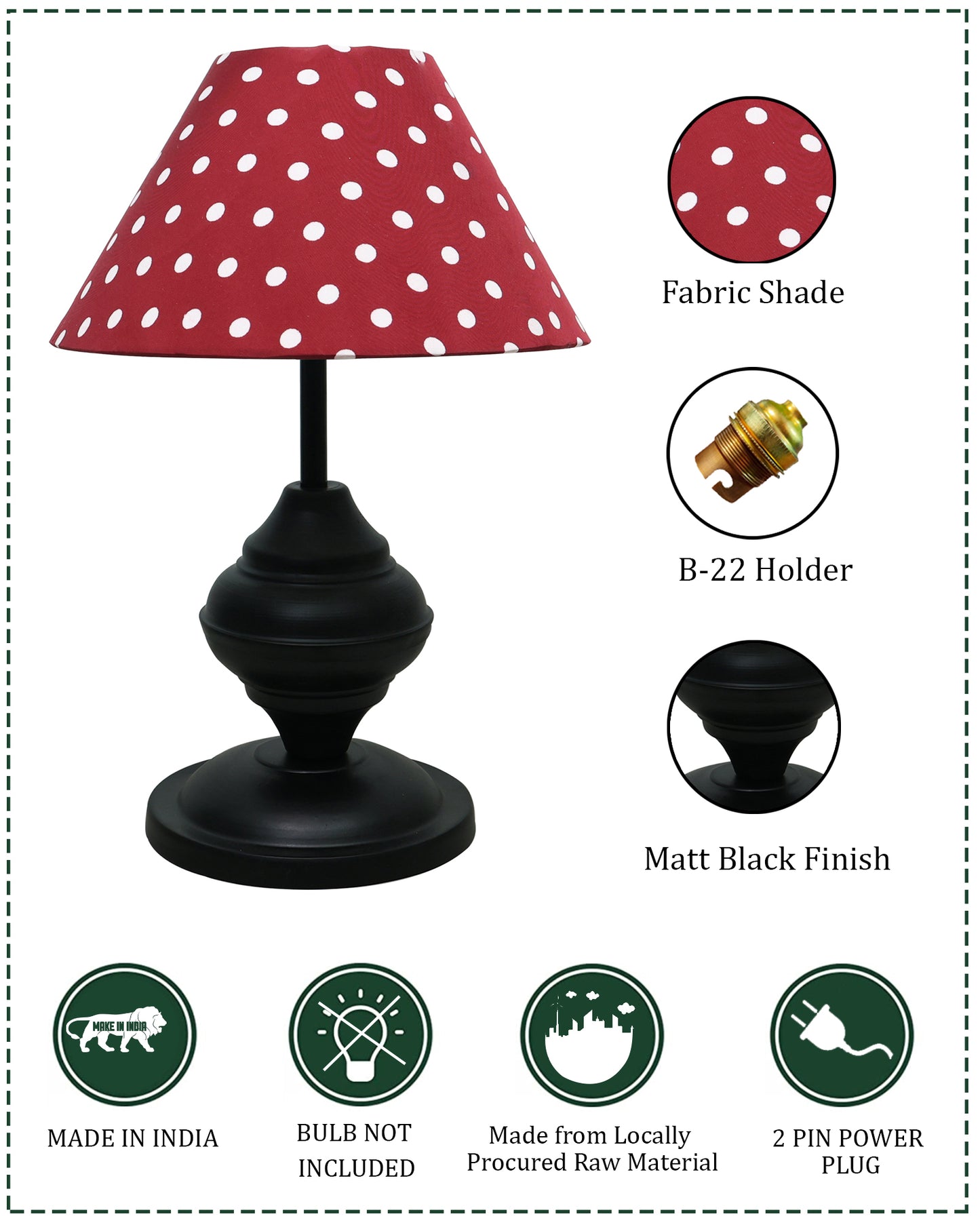 Black Metal Urn Table Lamp with Fabric Shade, B22 holder Nightstand Lamp