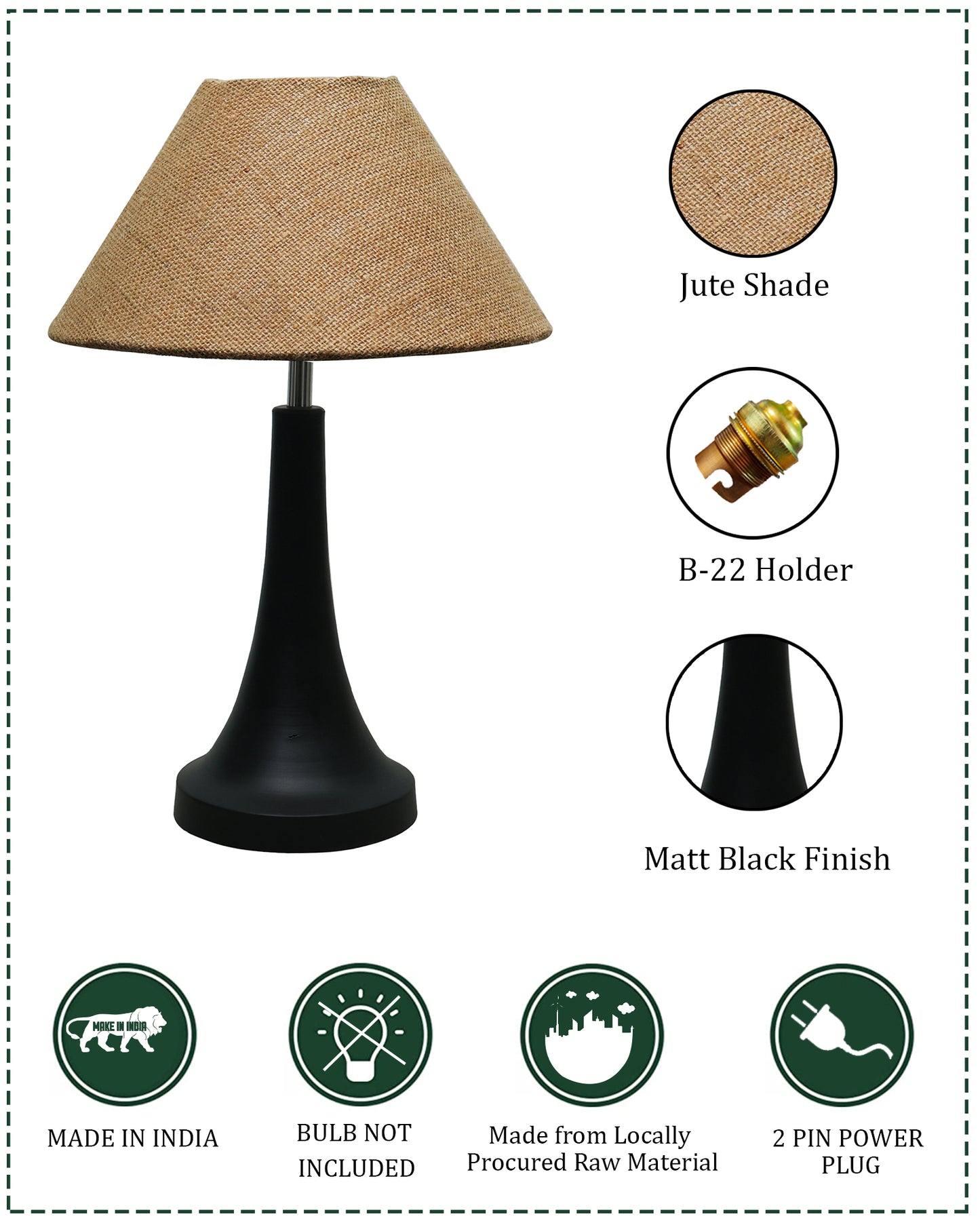 Black Metal Cone Table Lamp with Fabric Shade, B22 holder Nightstand Lamp