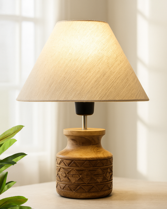 Wood Table Lamp, Modern Base Fabric Lampshade for Home Office Cafe Restaurant, Carved Pot