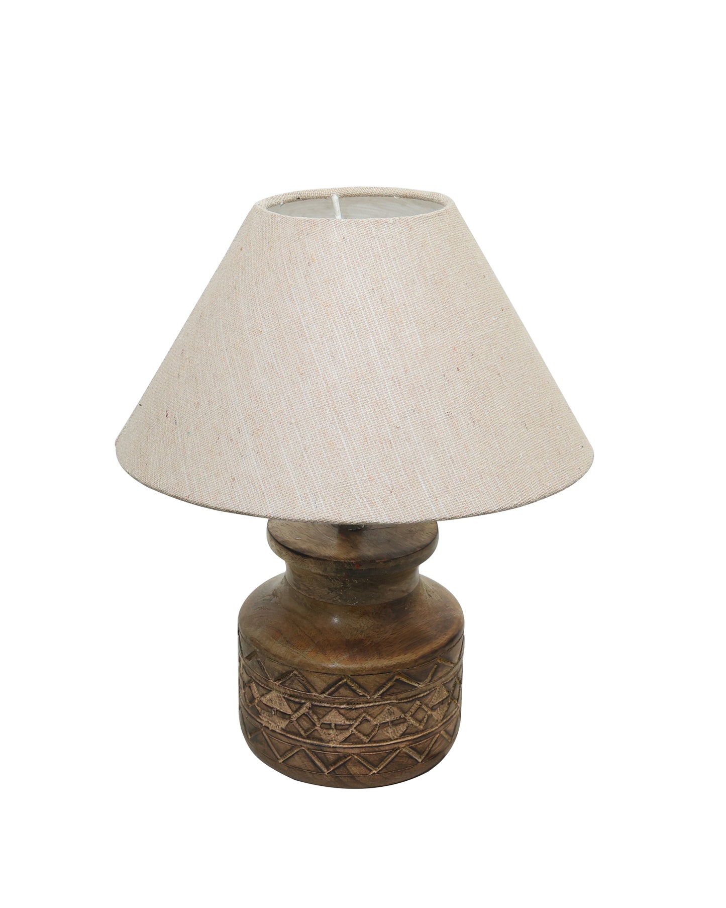 Wood Table Lamp, Modern Base Fabric Lampshade for Home Office Cafe Restaurant, Carved Pot