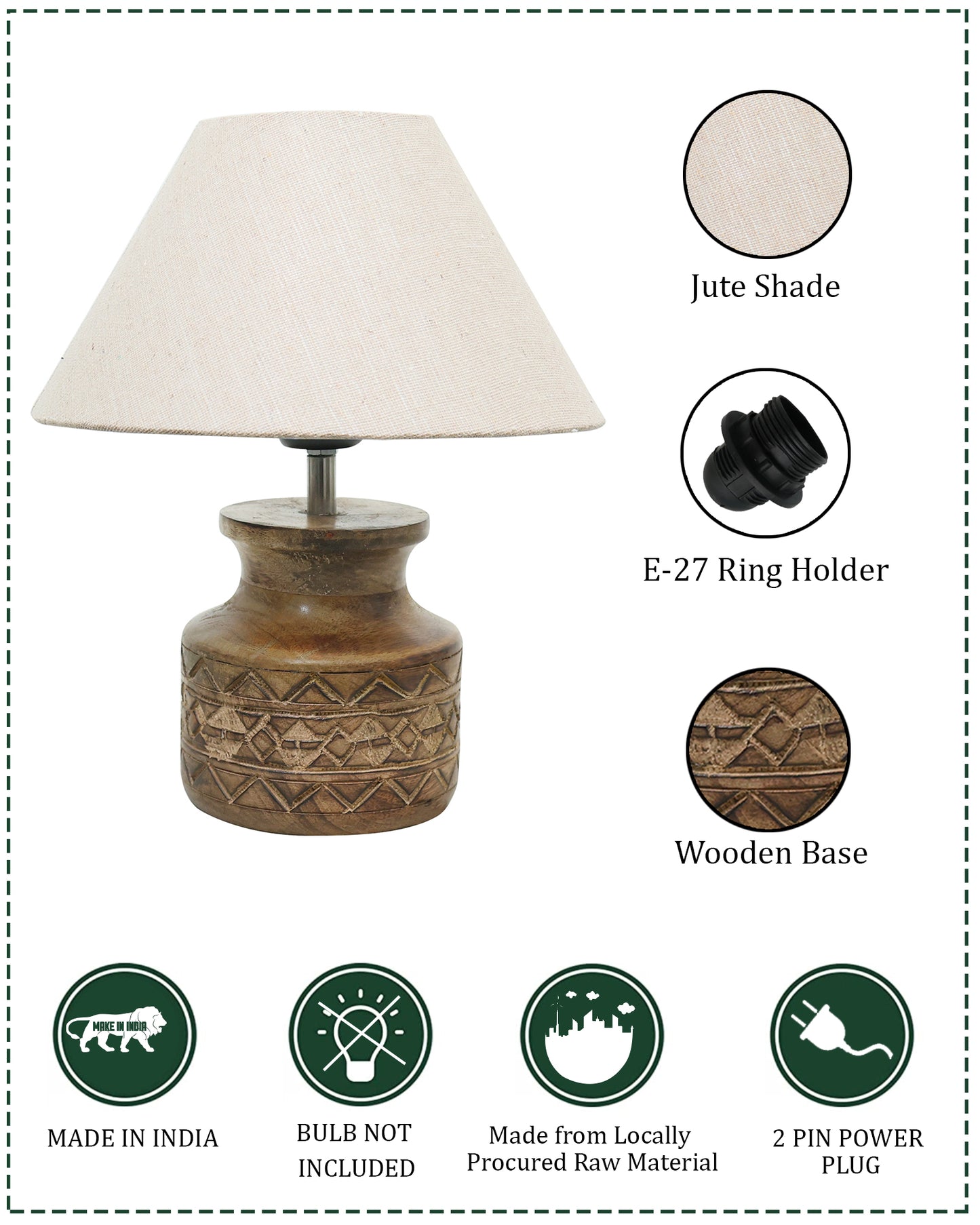 Wood Table Lamp, Modern Base Fabric Lampshade for Home Office Cafe Restaurant, Carved Pot
