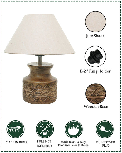 Wood Table Lamp, Modern Base Fabric Lampshade for Home Office Cafe Restaurant, Carved Pot