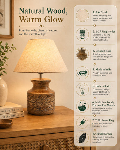 Wood Table Lamp, Modern Base Fabric Lampshade for Home Office Cafe Restaurant, Carved Pot