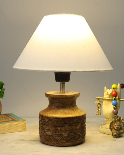 Wood Table Lamp, Modern Base Fabric Lampshade for Home Office Cafe Restaurant, Carved Pot