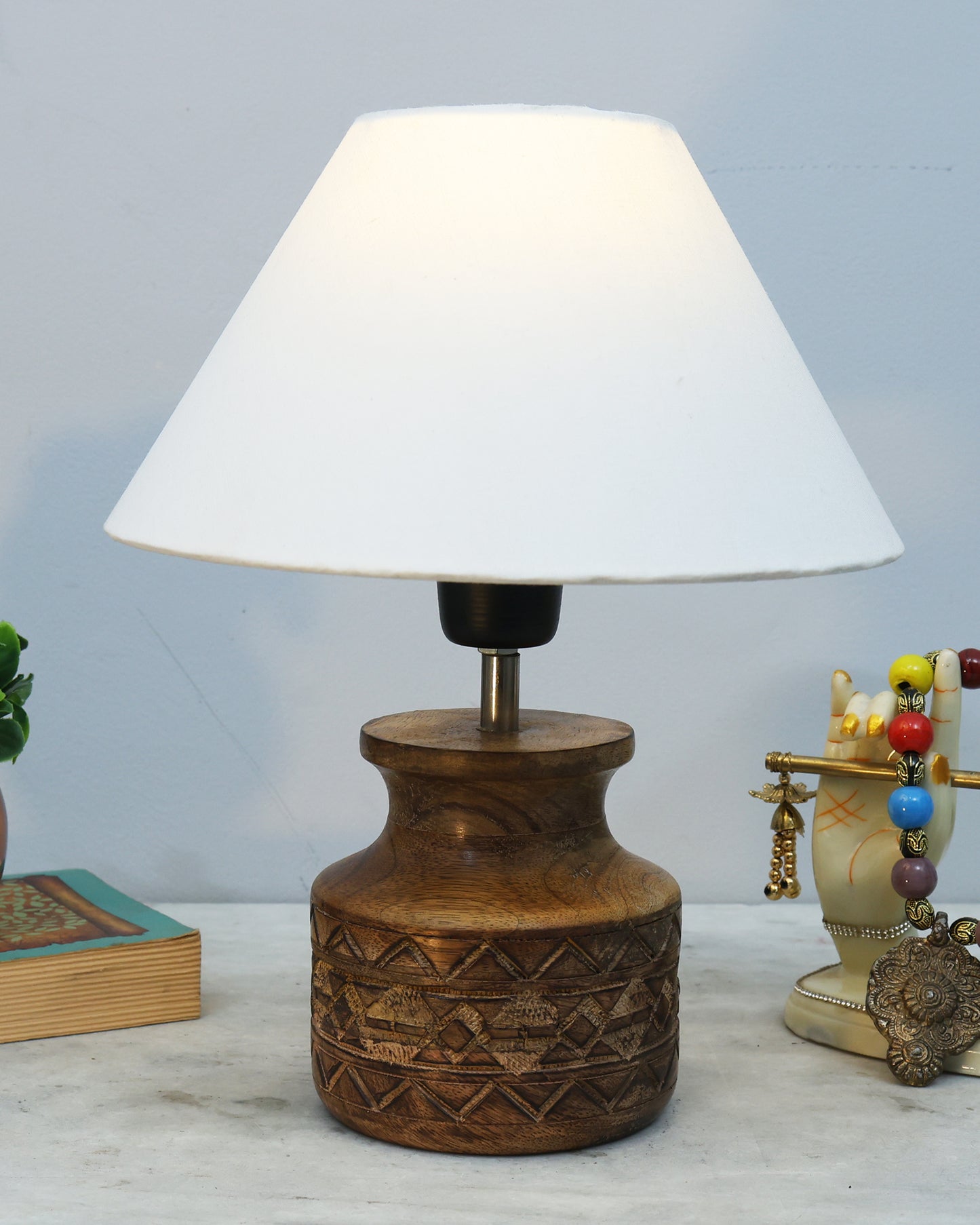 Wood Table Lamp, Modern Base Fabric Lampshade for Home Office Cafe Restaurant, Carved Pot