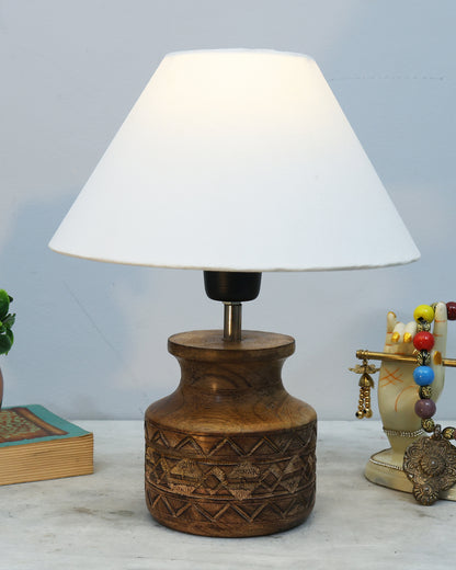 Wood Table Lamp, Modern Base Fabric Lampshade for Home Office Cafe Restaurant, Carved Pot