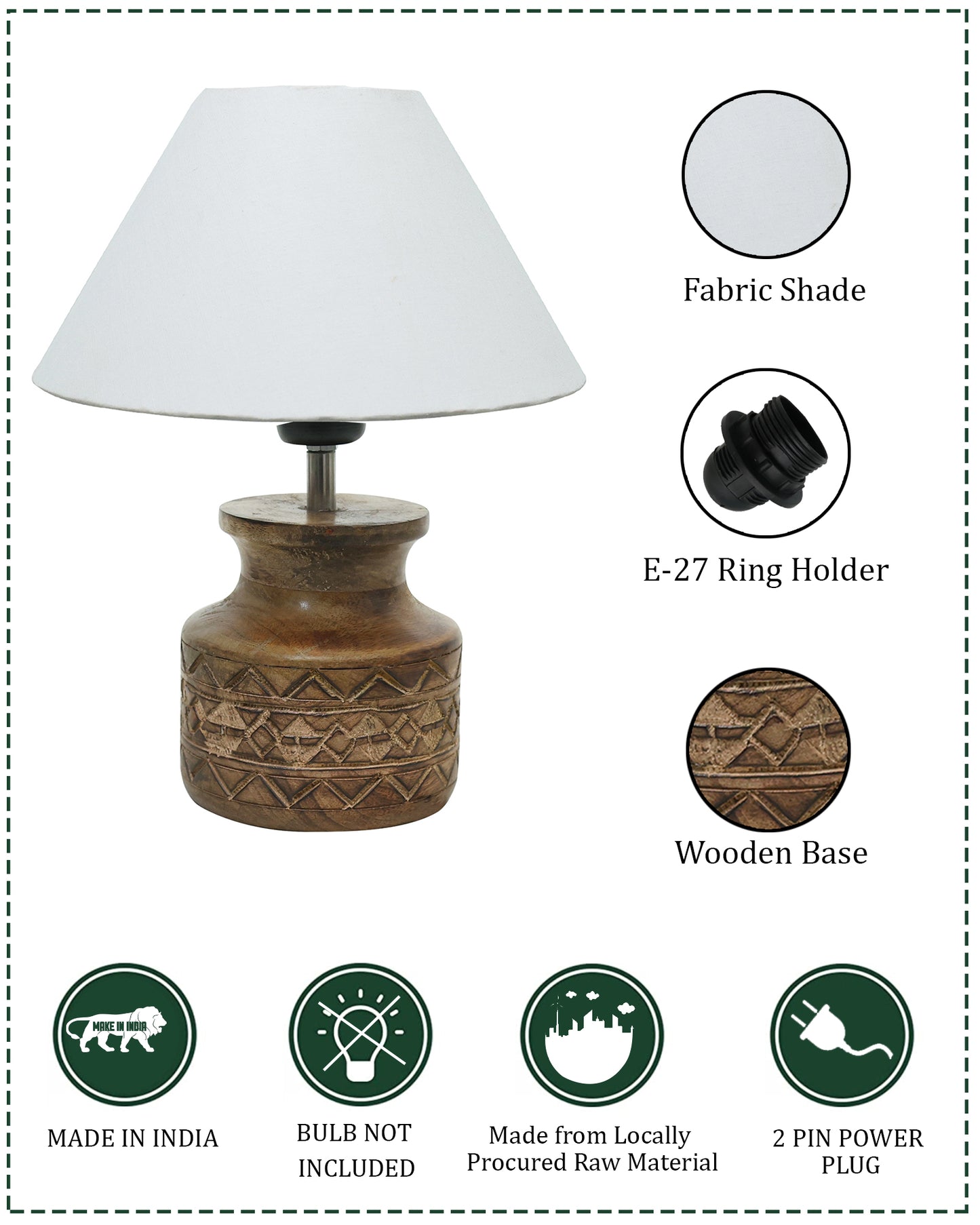 Wood Table Lamp, Modern Base Fabric Lampshade for Home Office Cafe Restaurant, Carved Pot