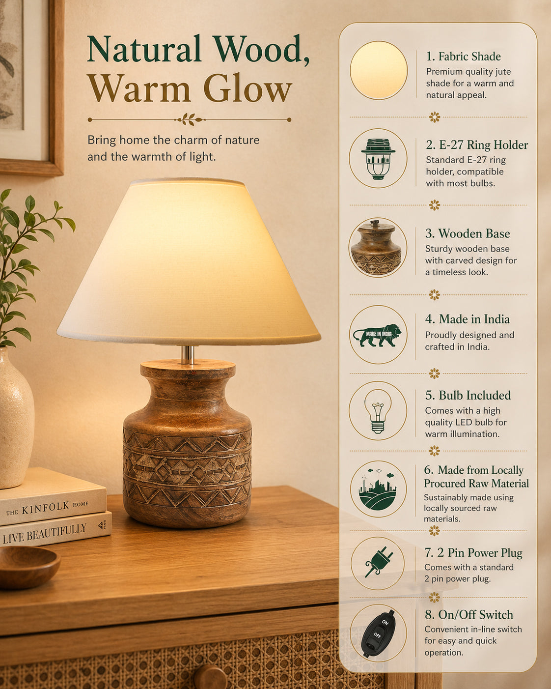 Wood Table Lamp, Modern Base Fabric Lampshade for Home Office Cafe Restaurant, Carved Pot