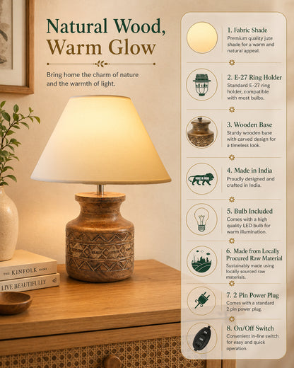 Wood Table Lamp, Modern Base Fabric Lampshade for Home Office Cafe Restaurant, Carved Pot