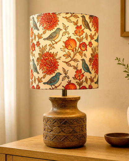 Wood Table Lamp, Modern Base Fabric Lampshade for Home Office Cafe Restaurant, Carved Pot