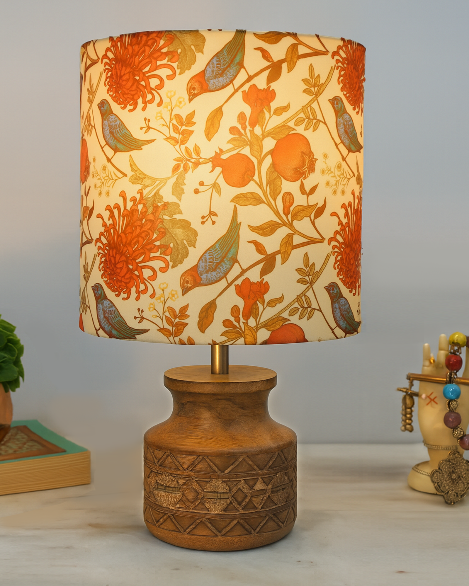 Wood Table Lamp, Modern Base Fabric Lampshade for Home Office Cafe  Restaurant, Carved Pot