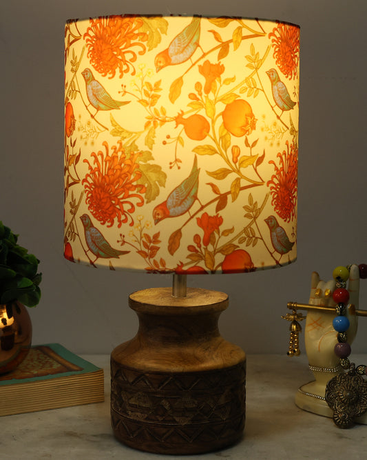 Wood Table Lamp, Modern Base Fabric Lampshade for Home Office Cafe Restaurant, Carved Pot