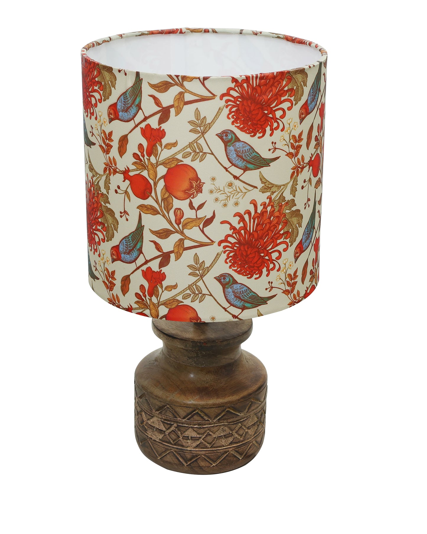 Wood Table Lamp, Modern Base Fabric Lampshade for Home Office Cafe Restaurant, Carved Pot