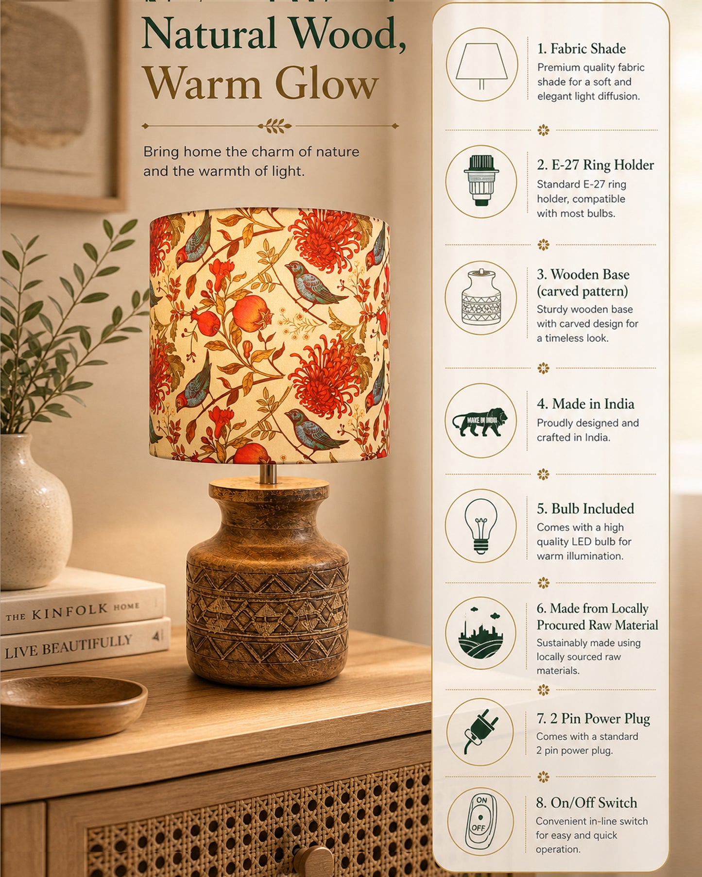 Wood Table Lamp, Modern Base Fabric Lampshade for Home Office Cafe Restaurant, Carved Pot