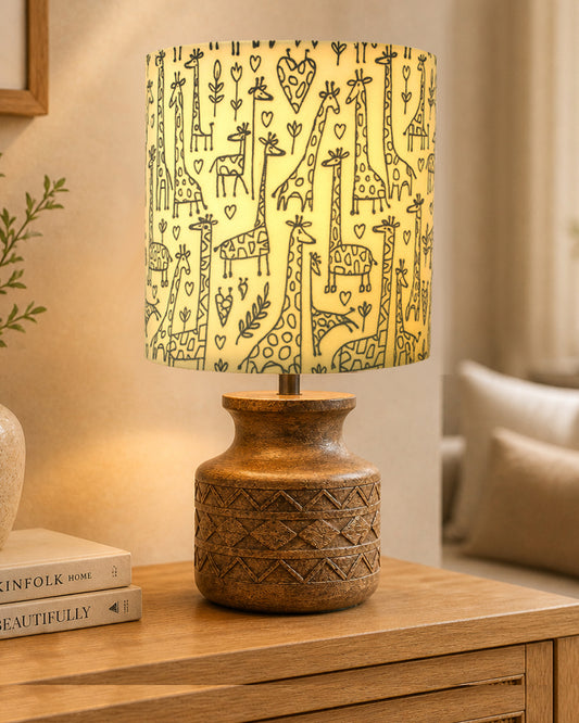 Wood Table Lamp, Modern Base Fabric Lampshade for Home Office Cafe Restaurant, Carved Pot