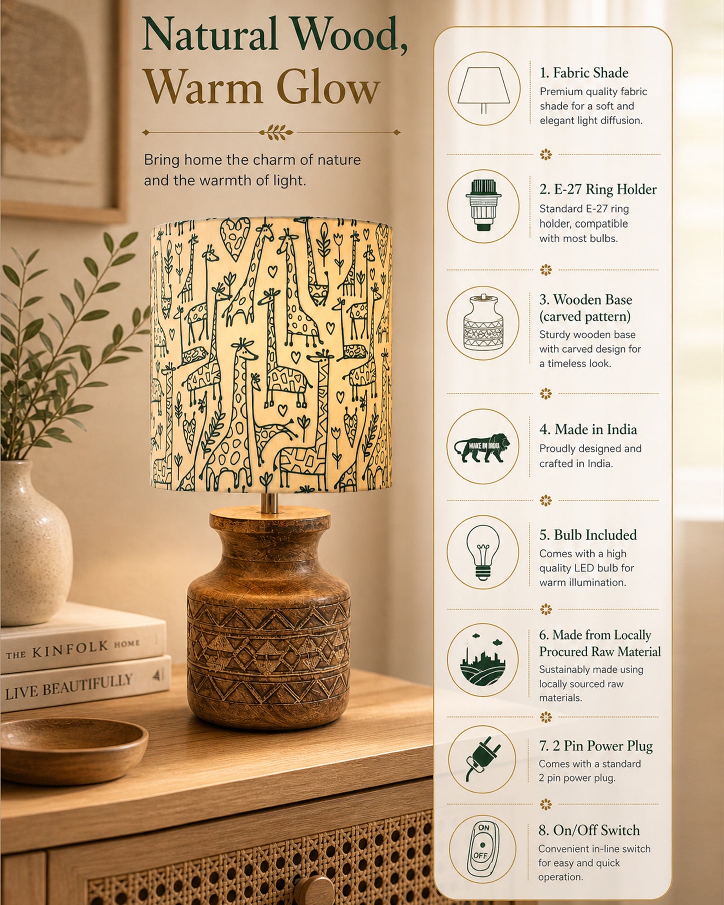 Wood Table Lamp, Modern Base Fabric Lampshade for Home Office Cafe Restaurant, Carved Pot