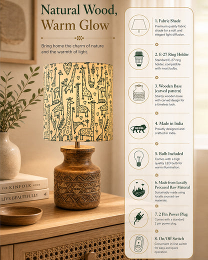 Wood Table Lamp, Modern Base Fabric Lampshade for Home Office Cafe Restaurant, Carved Pot