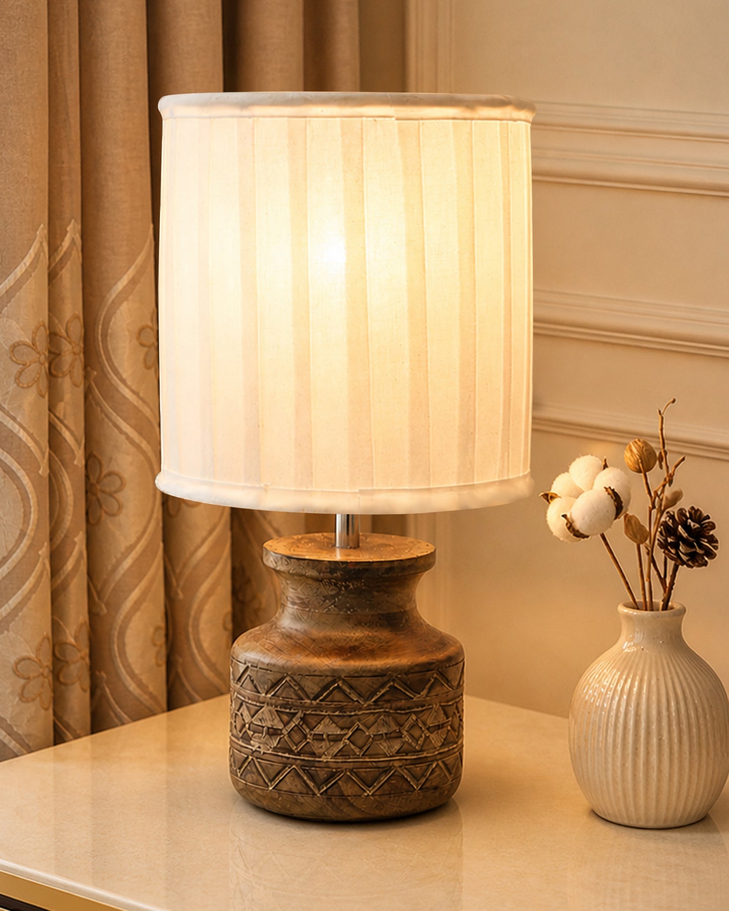 Wood Table Lamp, Modern Base Fabric Lampshade for Home Office Cafe Restaurant, Carved Pot